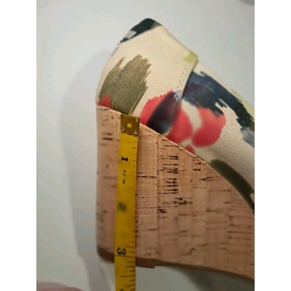 Toms Shoes Twill Wedge Cork 3" Heel Peep Toe Slip On Sandals Multicolor Size 7.5 - Picture 9 of 9